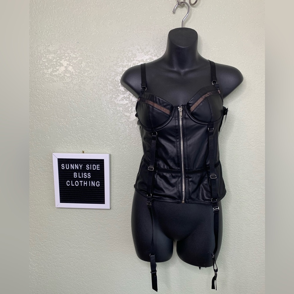 Fredericks Faux Leather Zip Up Corset Mesh Cups Garter Straps Size Small